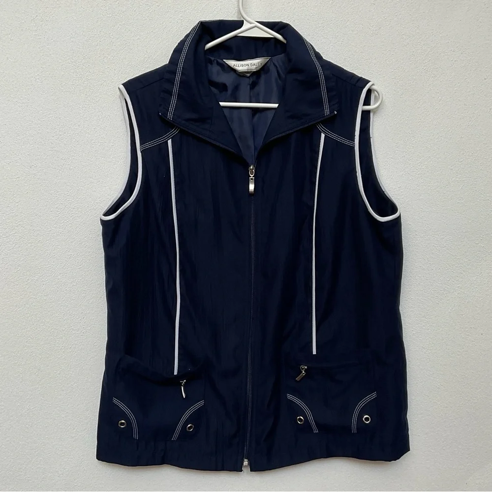 Allison Daley Navy Blue, White Full Zip Athletic Vest Size Large Preppy Workout
